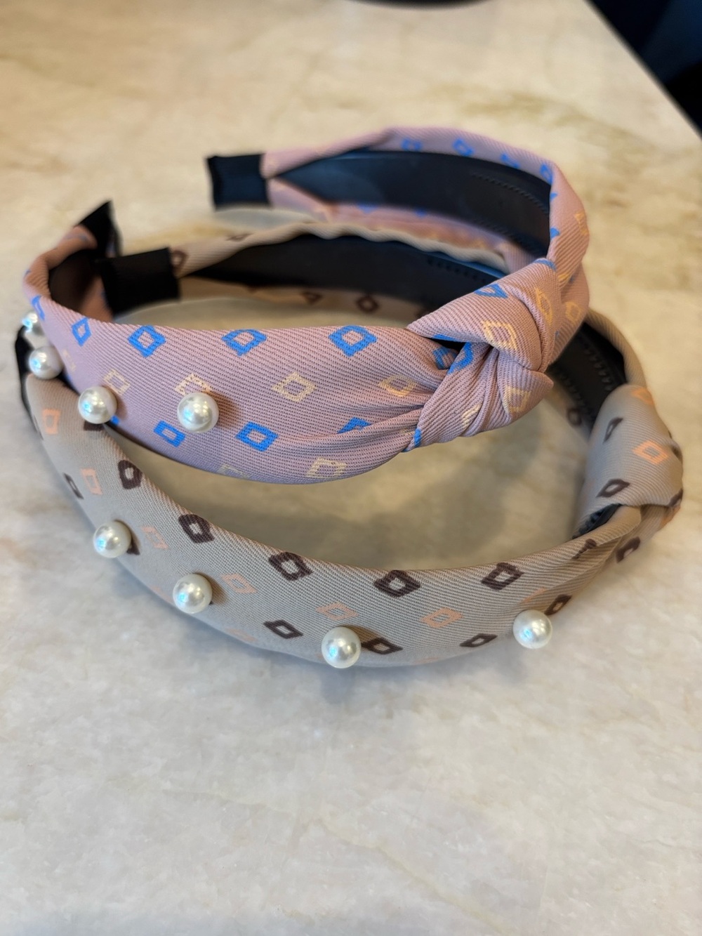Pearl-Accent Knotted Headband Duo in Pink & Beige